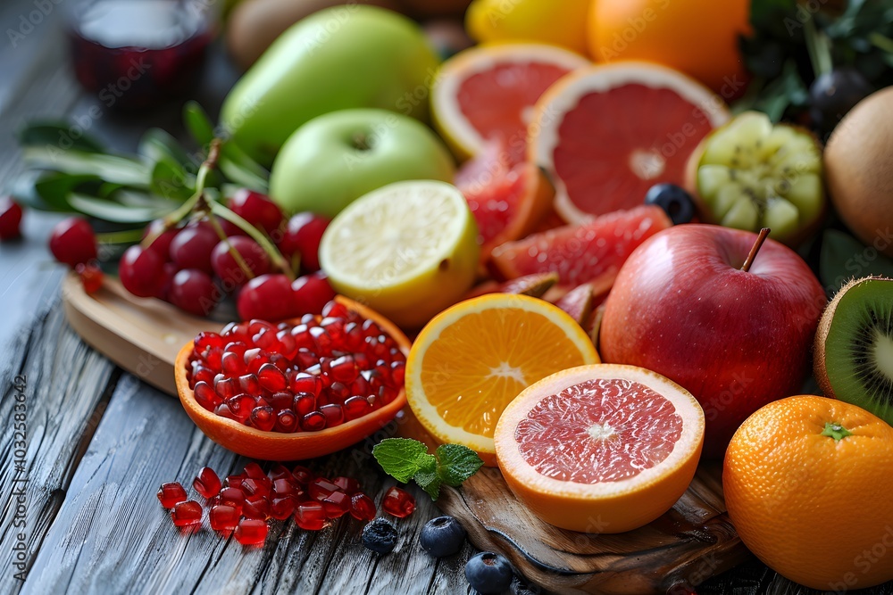Vibrant Assortment of Fresh Fruits on a Rustic Wooden Table Vibrant Assortment of Fresh Fruits on a Rustic Wooden Table