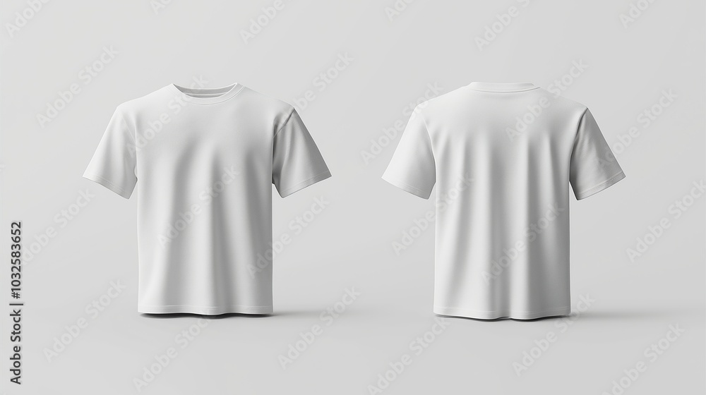 3D mockup of a white blank T-shirt, front and back views, on white background. 3D mockup of a white blank T-shirt, front and back views, on white background.