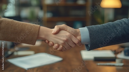 Professional handshake in a modern office setting during a business meeting