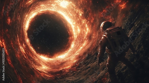 Astronaut Confronts Cosmic Abyss Near Swirling Black Hole