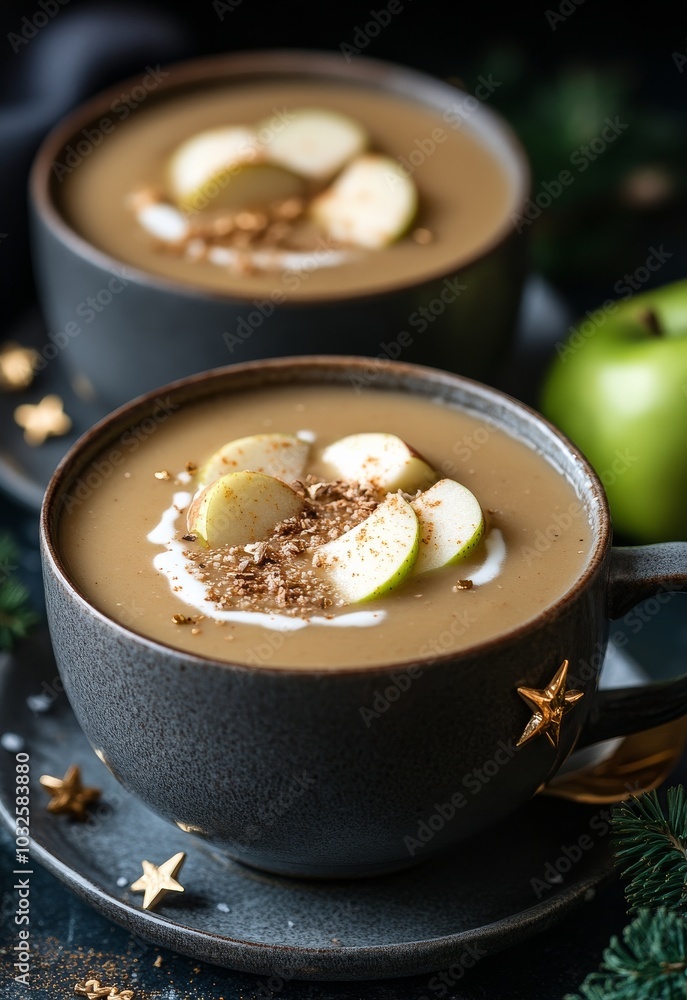 Delicious warm dessert featuring creamy apple soup topped with green apple slices and spices Delicious warm dessert featuring creamy apple soup topped with green apple slices and spices