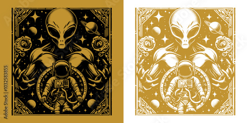 astronaut with a alien in the sky design