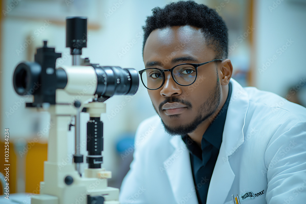 Afro American Optometrist Ready for Vision Examination Using Advanced Slit Lamp Technology. Eyes Care Concept Afro American Optometrist Ready for Vision Examination Using Advanced Slit Lamp Technology. Eyes Care Concept