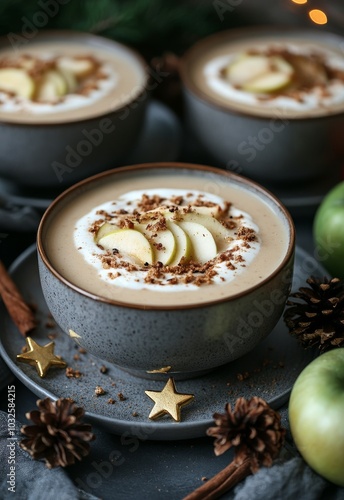 Delicious warm dessert featuring creamy apple soup topped with green apple slices and spices