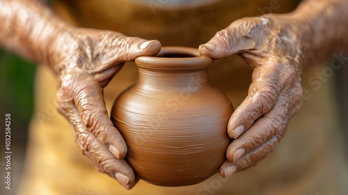 Close-up of a potter's hands holding a clay pot, showcasing their craftmanship and the natural beauty of the material.