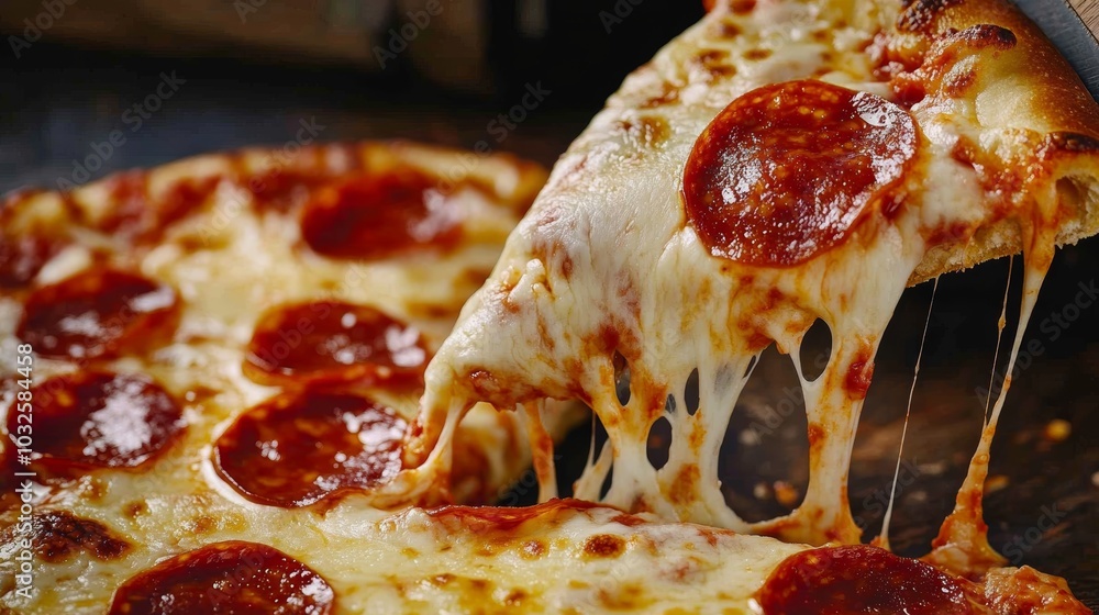 Freshly baked pizza slice emerging from the oven, a delicious culinary delight delicious Freshly baked pizza slice emerging from the oven, a delicious culinary delight delicious