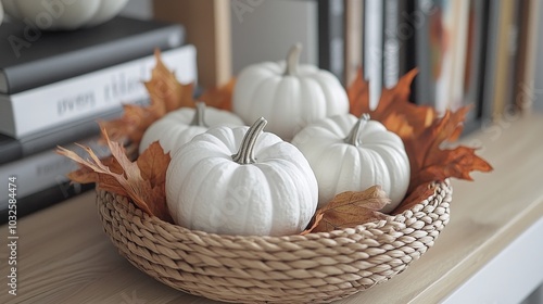 White pumpkins and autumn leaves in a woven basket on a wooden table indoors