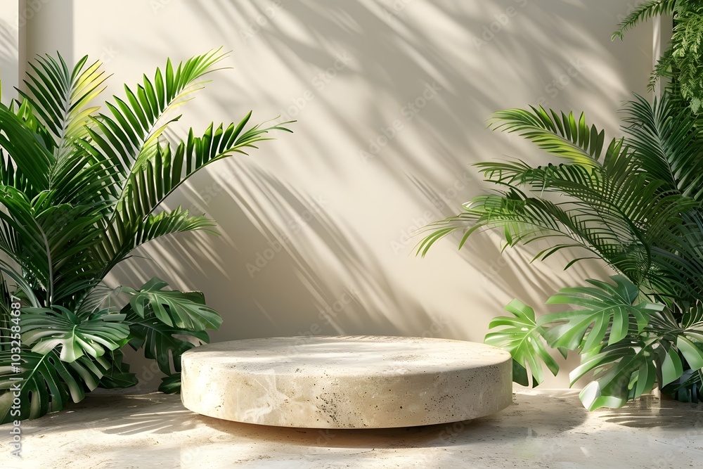 Fototapeta premium Serene Indoor Space with Natural Elements and Soft Shadows