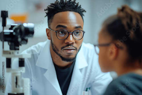 African Male Optometrist conducting Eye Exam for small Patient in Medical Clinic. Ideal for healthcare, pediatric care, and eye health themes.