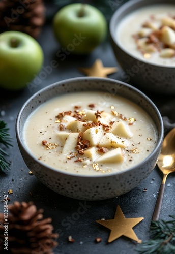 Delicious warm dessert featuring creamy apple soup topped with green apple sl...