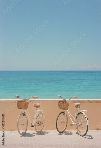 Two vintage bicycles with wicker baskets overlooking a serene ocean view by t...