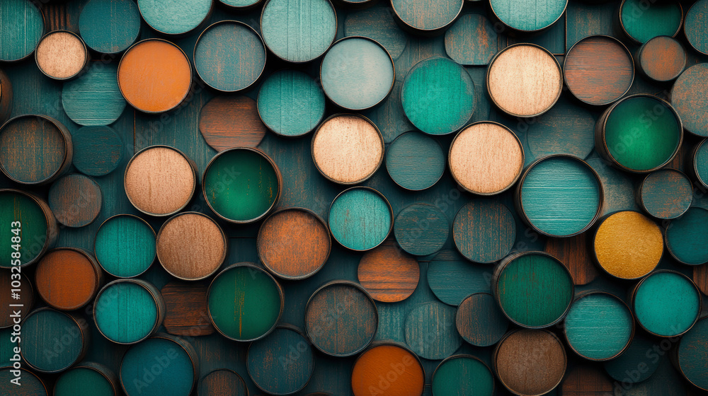 Colorful wooden circles create a textured, overlapping pattern on a dark background, evoking a sense of depth and artistic balance. Colorful wooden circles create a textured, overlapping pattern on a dark background, evoking a sense of depth and artistic balance.