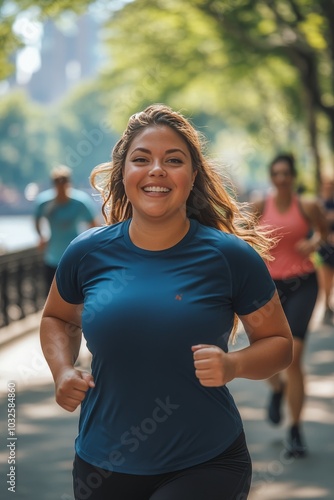 Young woman jogging along a sunny urban waterfront path in the city during th...