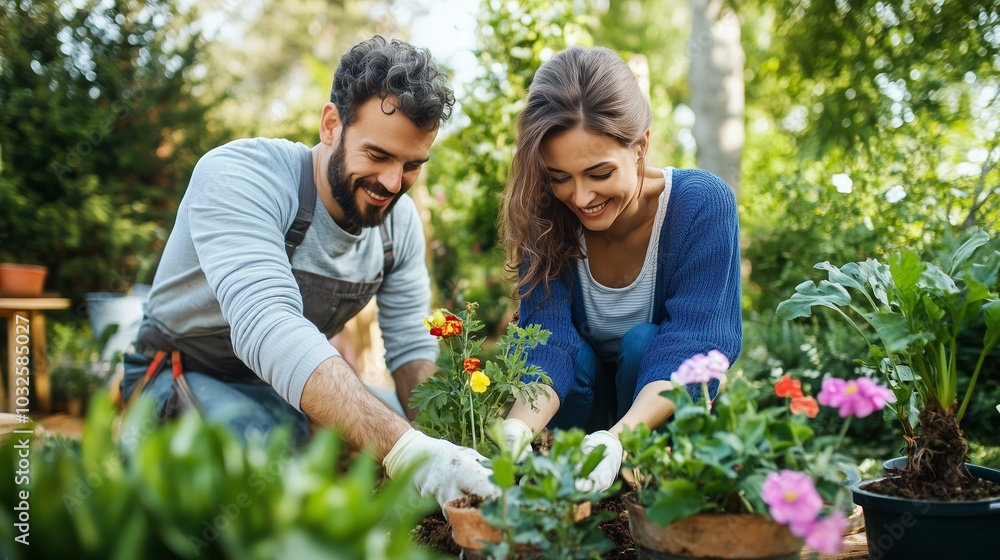 custom made wallpaper toronto digitalCouple gardening together in a lush outdoor setting filled with colorful flowers and greenery during a sunny afternoon