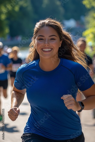 Young woman jogging along a sunny urban waterfront path in the city during th...
