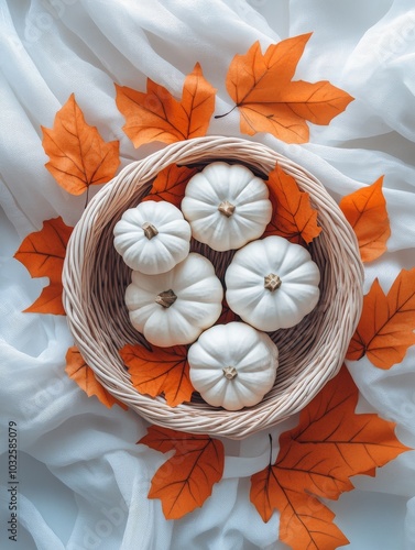 White pumpkins arranged in a wicker basket with autumn leaves on a delicate f...