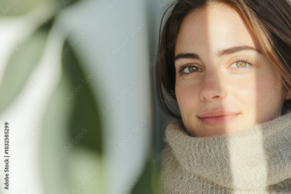 A woman gazes thoughtfully through a window, wrapped in a warm beige scarf among soft olive plants A woman gazes thoughtfully through a window, wrapped in a warm beige scarf among soft olive plants