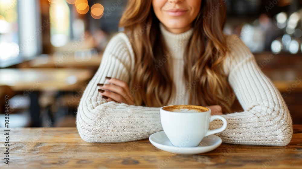 A woman in a cozy cream sweater sits at a wooden table with a cappuccino in front of her. Soft lighting and warm tones create a relaxed, peaceful atmosphere in a modern cafe. A woman in a cozy cream sweater sits at a wooden table with a cappuccino in front of her. Soft lighting and warm tones create a relaxed, peaceful atmosphere in a modern cafe.
