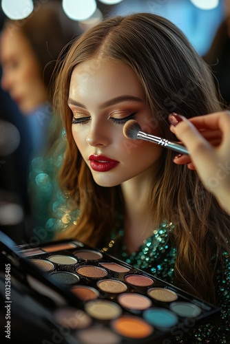 Makeup application on a model during a beauty shoot in a professional studio ...