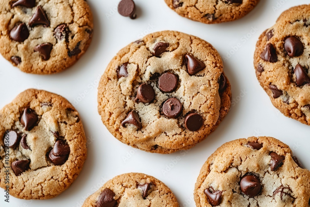 Close-up of Chocolate Chip Cookies on White Background Close-up of Chocolate Chip Cookies on White Background
