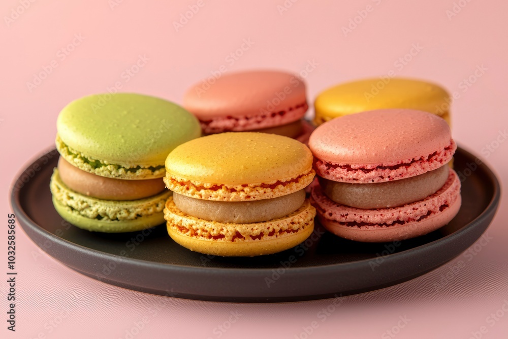 Five Colorful Macarons with Cream Filling on a Black Plate Five Colorful Macarons with Cream Filling on a Black Plate