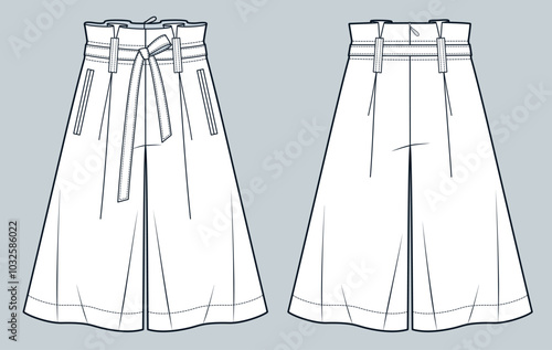 Bermuda Shorts technical fashion illustration. Short Pants fashion flat technical drawing template, knee length, pockets, belt, baggy, front and back view, white, women, men, unisex CAD mockup.
