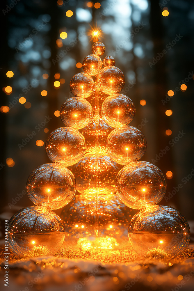 Fototapeta premium Vertical image of Christmas Tree made of glowing glass Transparent Ornaments with Golden Lights, creating festive and magical atmosphere with soft bokeh in background