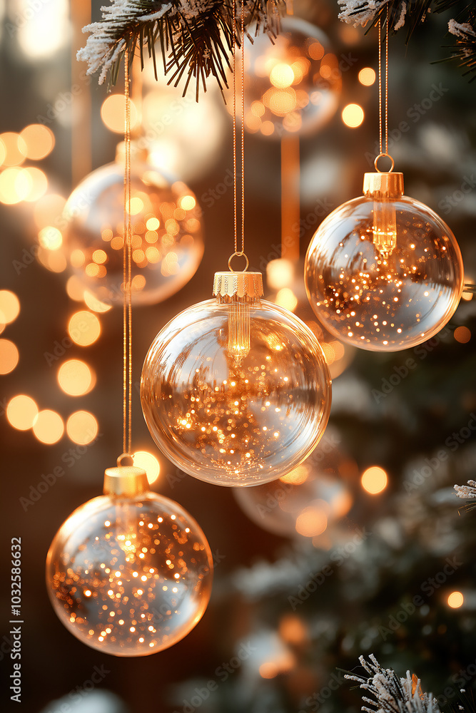 Close-up of Glowing Glass Transparent Christmas Ornaments hanging on tree, with warm bokeh Lights in background. Vertical image
Close-up of Glowing Glass Transparent Christmas Ornaments hanging on tree, with warm bokeh Lights in background. Vertical image