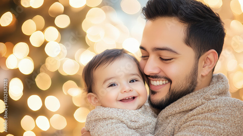 A joyful father holds his smiling baby amid a warm, glowing bokeh background, creating a cozy and heartwarming scene filled with love. photo