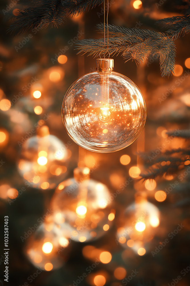 Glowing Glass Christmas Baubles with Warm Lights on Evergreen Tree. Perfect for holiday designs, seasonal decor, and Christmas-themed promotions. Glowing Glass Christmas Baubles with Warm Lights on Evergreen Tree. Perfect for holiday designs, seasonal decor, and Christmas-themed promotions.