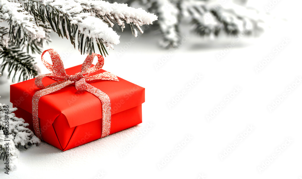 Red gift box with ribbon near snowy evergreen branches on white background. Red gift box with ribbon near snowy evergreen branches on white background.