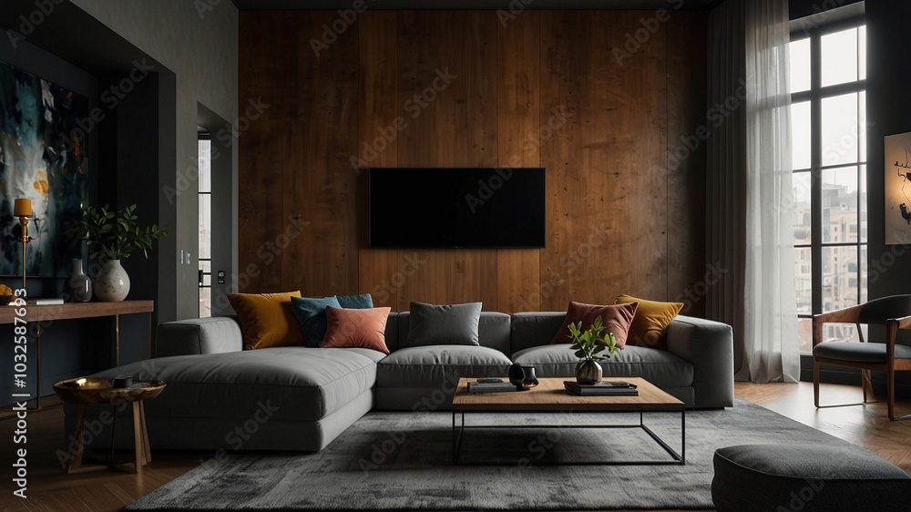 Sophisticated living room featuring a large TV, modern decor, and stylish furniture. Perfect for cozy urban exploration and exceptional home entertainment Sophisticated living room featuring a large TV, modern decor, and stylish furniture. Perfect for cozy urban exploration and exceptional home entertainment