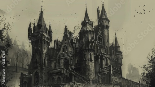 An intricately detailed gothic mansion drawing captures a dark and eerie atmosphere in a haunting, imaginative landscape photo