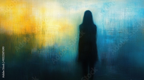 A blurry silhouette of a woman in a blue and yellow background.