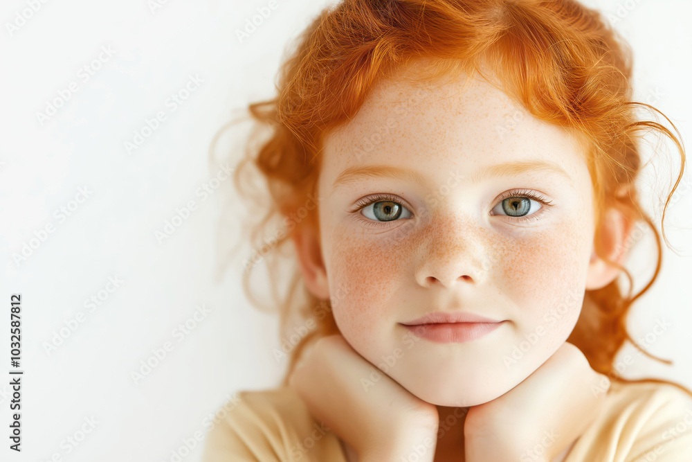 Joyful redheaded girl with freckles smiling softly in natural light portrait Joyful redheaded girl with freckles smiling softly in natural light portrait