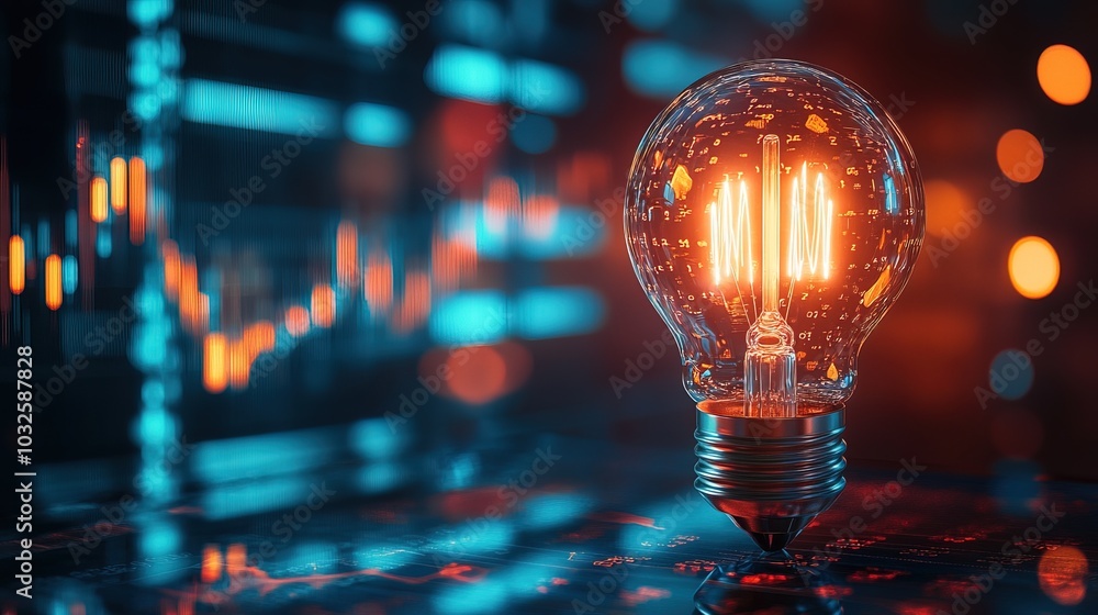 Glowing light bulb on financial charts, symbolizing ideas and innovation Glowing light bulb on financial charts, symbolizing ideas and innovation