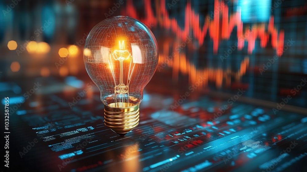 Glowing light bulb on financial charts, symbolizing ideas and innovation Glowing light bulb on financial charts, symbolizing ideas and innovation