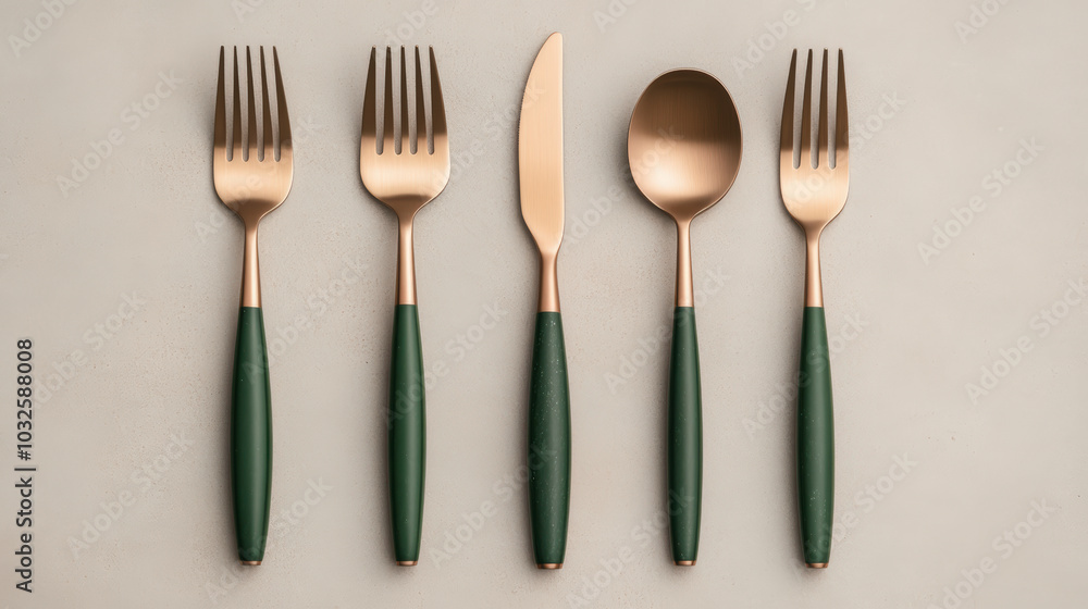 A set of five elegant gold and green-handled utensils, including forks, a knife, and a spoon, elegantly arranged on a neutral background. A set of five elegant gold and green-handled utensils, including forks, a knife, and a spoon, elegantly arranged on a neutral background.