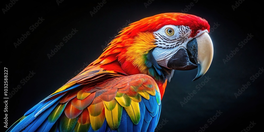 Obraz premium Stunning Macaw Parrot on Black Background - AI Generated Panoramic Photo