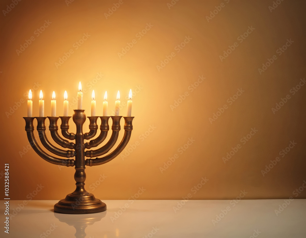 glowing hanukkah menorah with candles lit up on a table