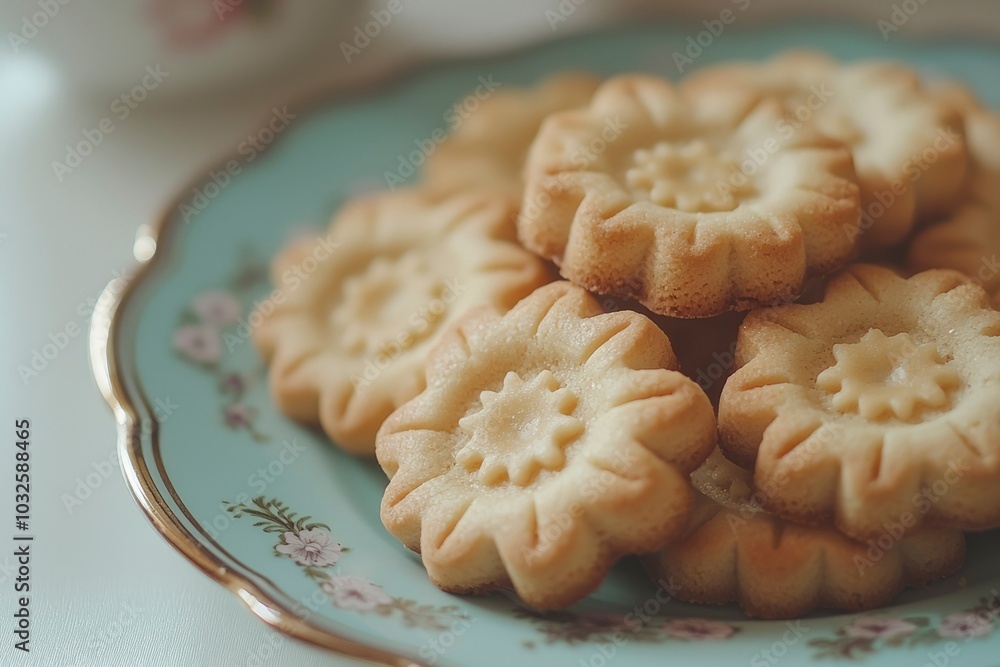 Close-up of Flower-Shaped Cookies on a Floral Plate Close-up of Flower-Shaped Cookies on a Floral Plate