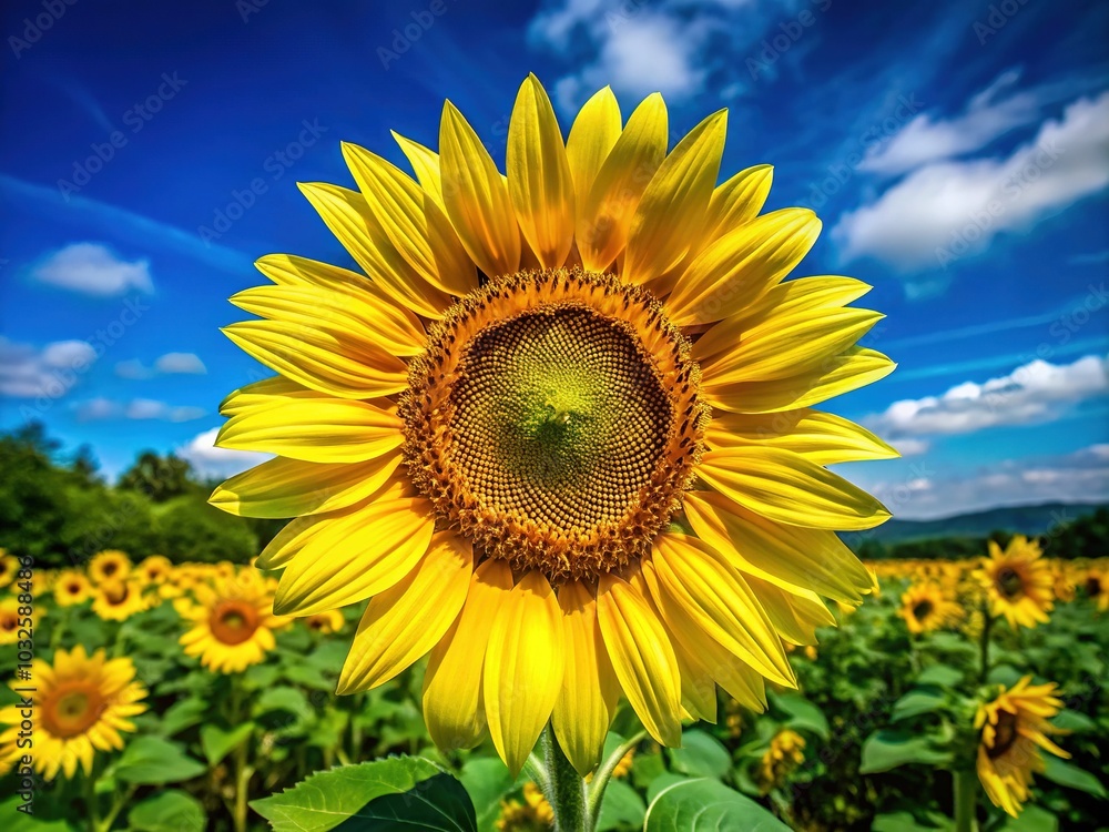 Summer Sunflower: Vibrant Yellow Flower Against Blue Sky Summer Sunflower: Vibrant Yellow Flower Against Blue Sky