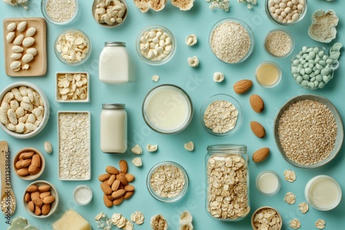 An array of healthy foods displayed on a pastel blue background. Various nuts, grains, and milk in clear containers showcase a wellness lifestyle. Perfect for nutritional themes and food blogs. AI