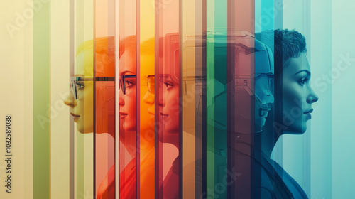 A colorful abstract image featuring profiles of people and a robot, separated by vertical lines, symbolizing the convergence of humanity and technology.