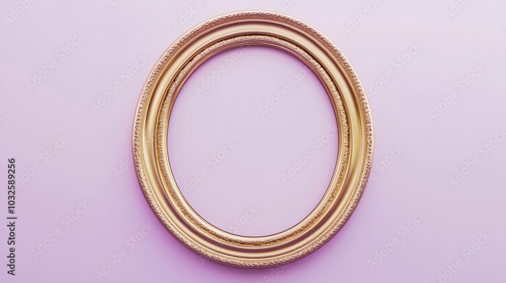 A stylish oval picture frame with a shimmering gold border, isolated on a pastel purple backdrop, ideal for luxury home decor A stylish oval picture frame with a shimmering gold border, isolated on a pastel purple backdrop, ideal for luxury home decor