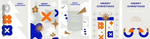 Collection of minimalist Christmas cards. Geometric design, Christmas trees, snowmen, Christmas toys, gifts. Great for greetings, business, advertising, winter promotions. Vector illustration.