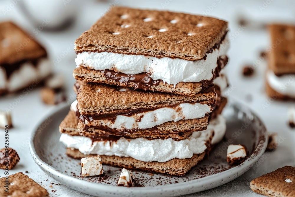 Close-up of a Stacked Chocolate and Marshmallow S'more on a Plate Close-up of a Stacked Chocolate and Marshmallow S'more on a Plate