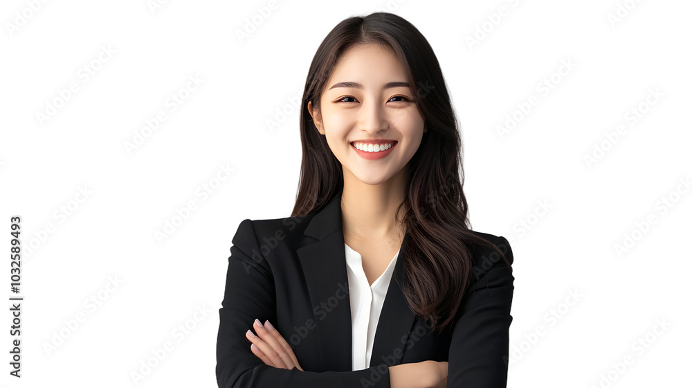 Young handsome asian woman happy face smiling with crossed arms looking at the camera. Positive Successful businesswoman, isolated on white transparent background Young handsome asian woman happy face smiling with crossed arms looking at the camera. Positive Successful businesswoman, isolated on white transparent background