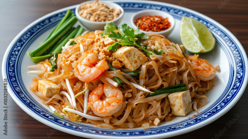 A delicious plate of Pad Thai garnished with shrimp, tofu, bean sprouts, lime, peanuts, and chili flakes, served on a decorative blue-rimmed dish. A delicious plate of Pad Thai garnished with shrimp, tofu, bean sprouts, lime, peanuts, and chili flakes, served on a decorative blue-rimmed dish.