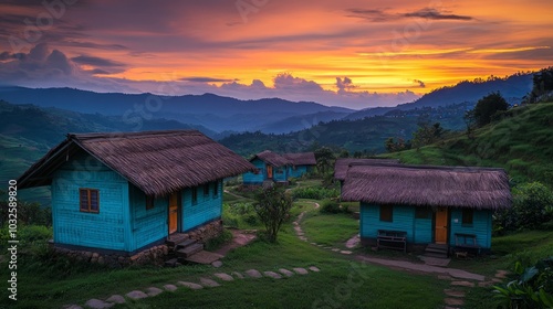 Scenic sunset over traditional huts in a lush landscape.